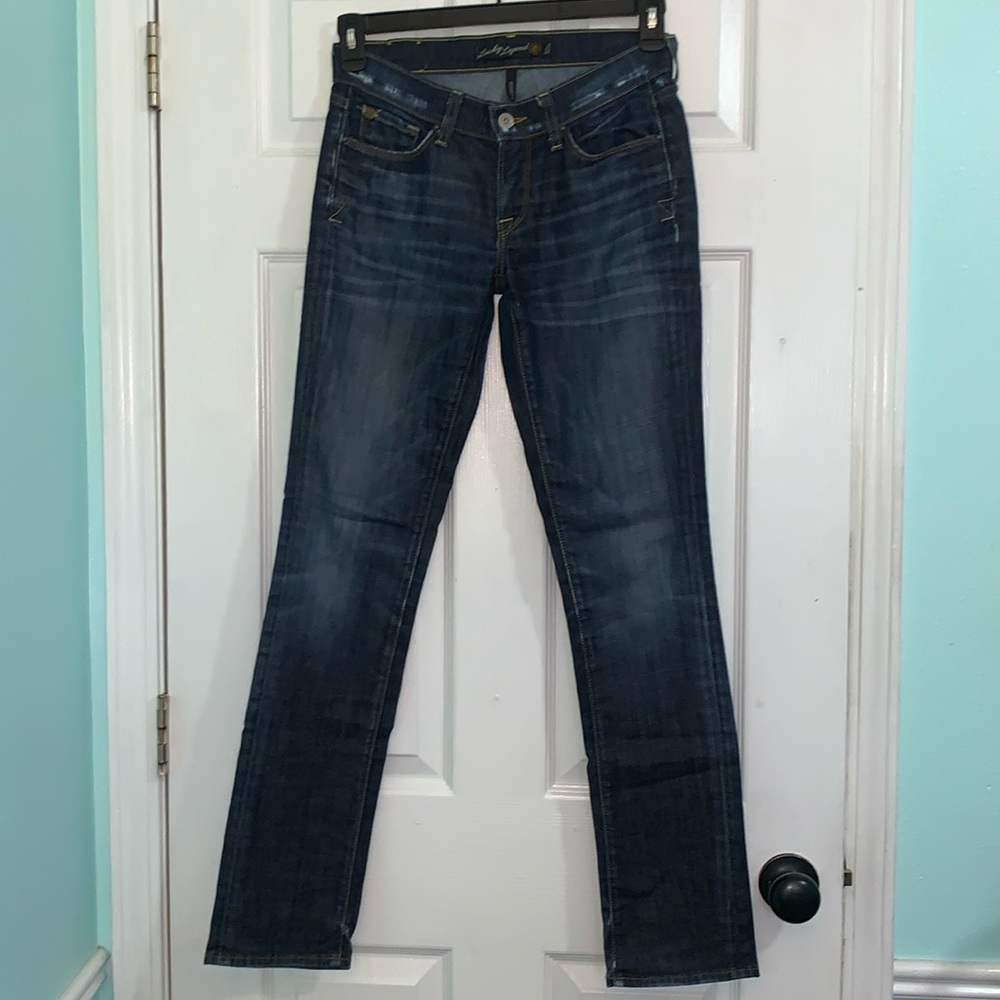 Lucky Legend denim straight leg jeans dark wash worn look. Size 2/26 Regular